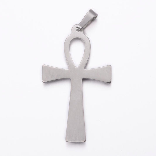 304 Stainless Steel Pendant Necklace, Ankh Cross, Stainless Steel Color