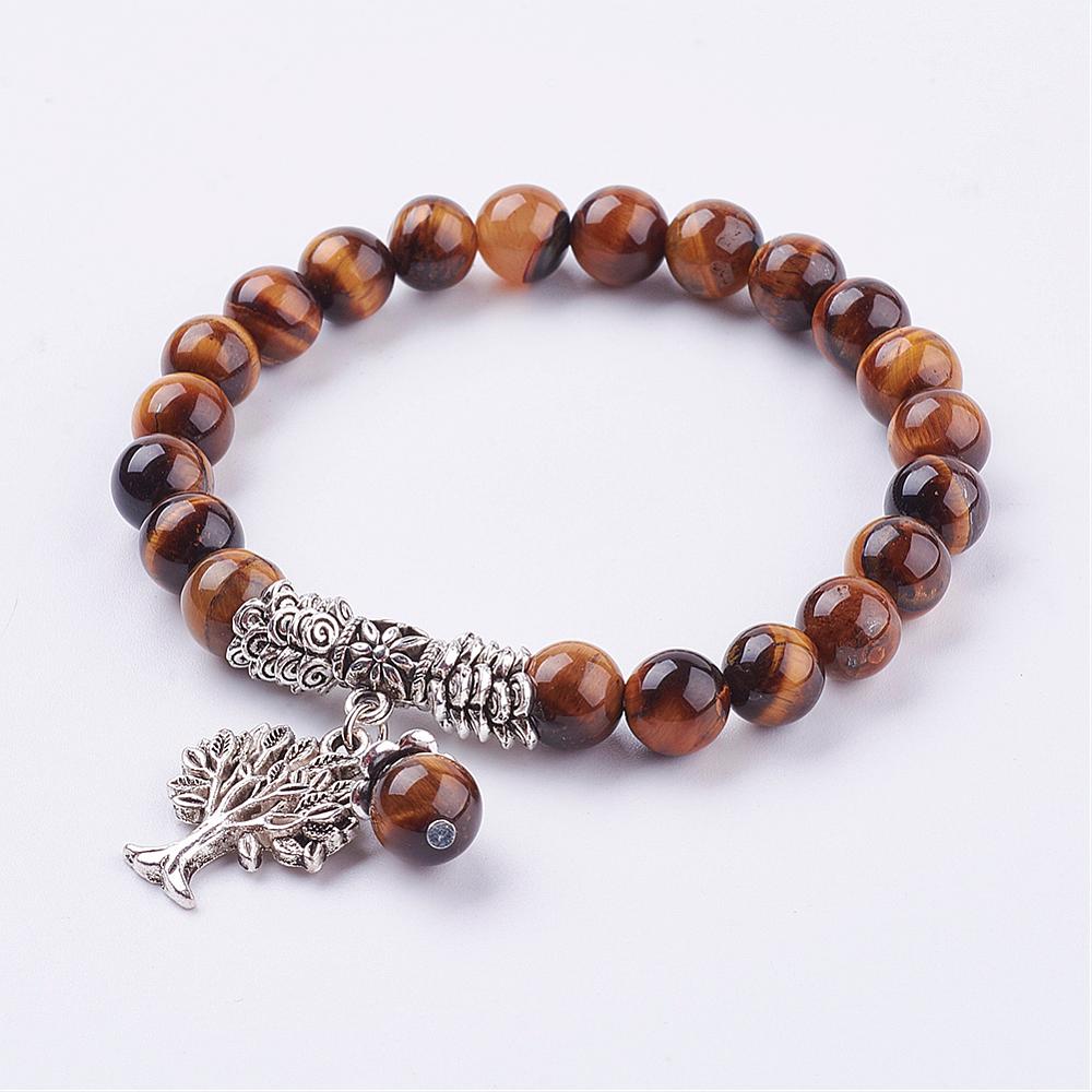 Natural Tiger Eye Stretch Bracelet, with Tibetan Style Tree of Life Pendant