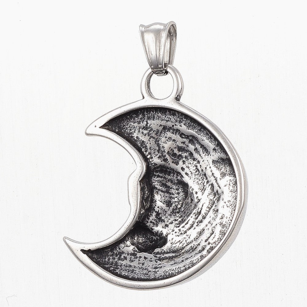 304 Stainless Steel Pendant Necklace, Moon with Skull, Antique Silver Colour