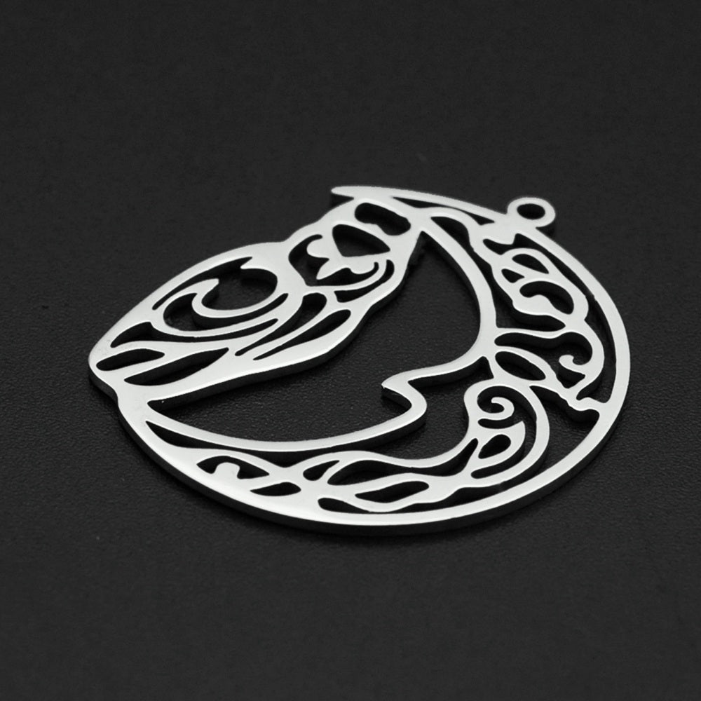 201 Stainless Steel Pendant Necklace, Laser Cut, Hollow, Moon with Owl, Stainless Steel Color