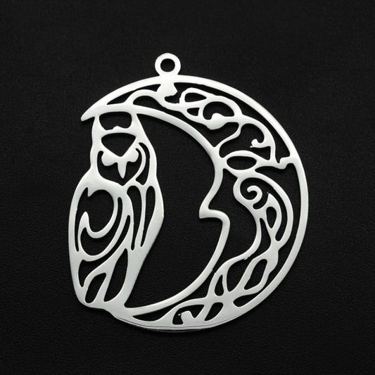 201 Stainless Steel Pendant Necklace, Laser Cut, Hollow, Moon with Owl, Stainless Steel Color
