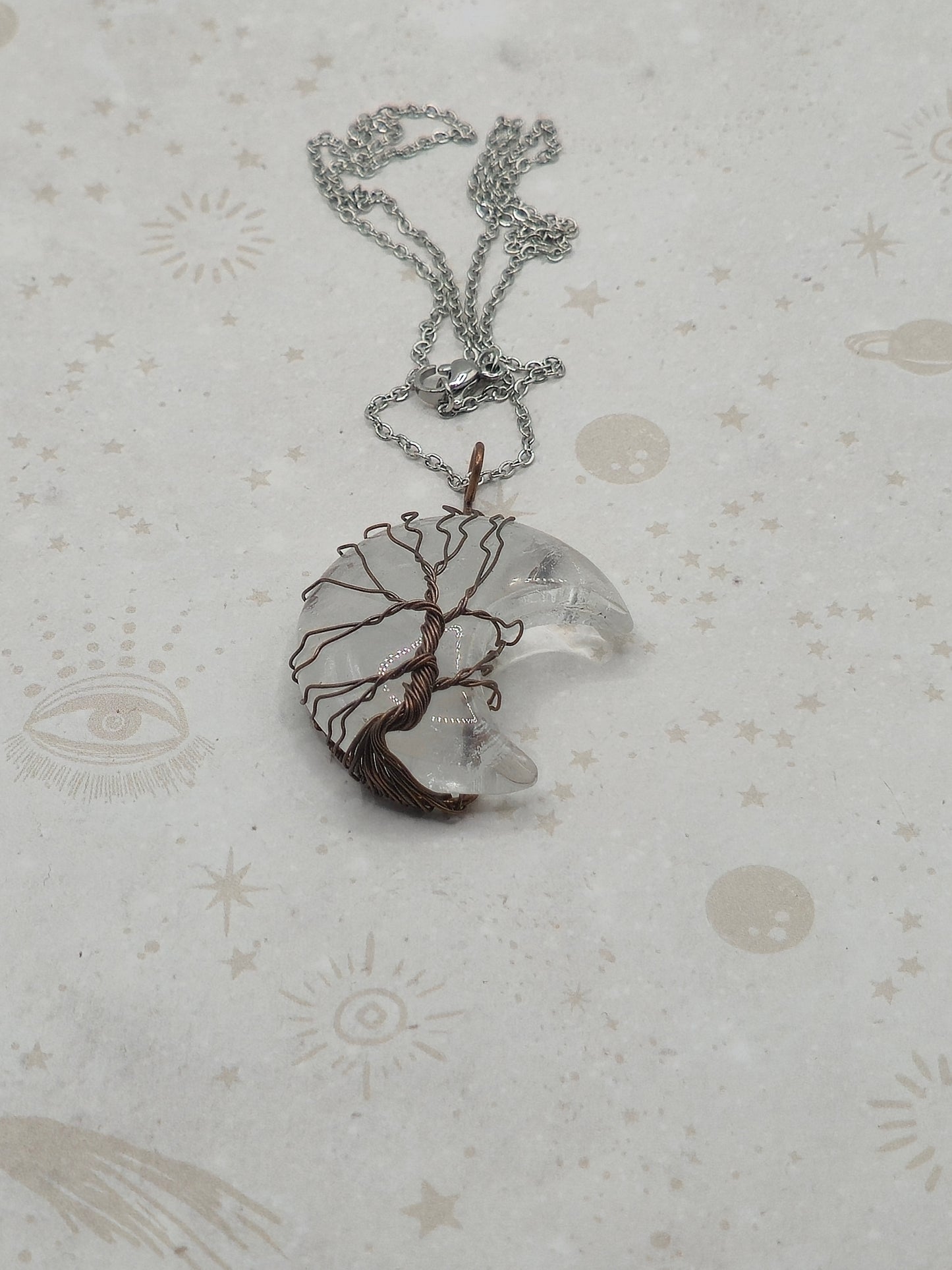 Natural Quartz Crystal Wire Wrapped Pendant Necklace, with Brass Tree of Life, on Crescent Moon, Red Copper