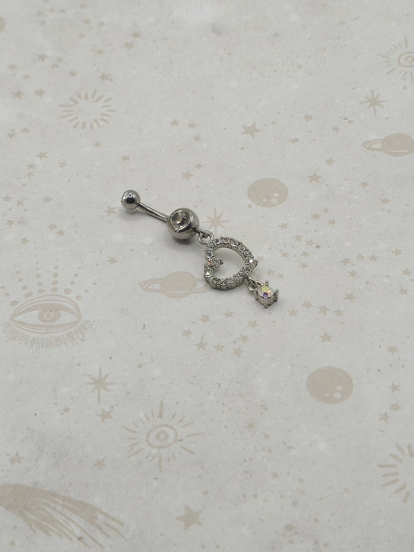 316L Stainless Steel, 14G Crystal Coloured Rhinestones & Heart Naval Ring