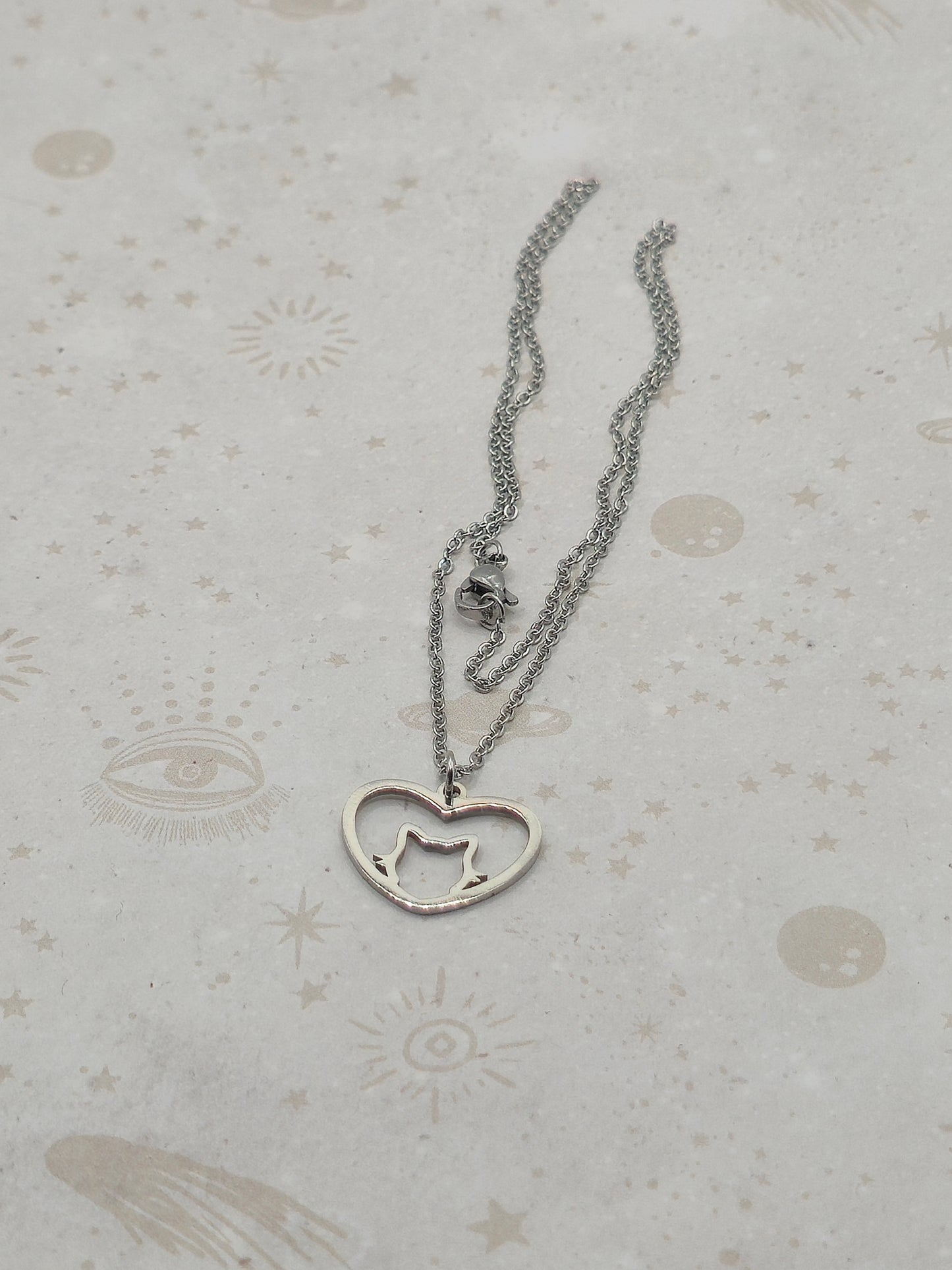 201 Stainless Steel Kitten Pendant Necklaces, with Cable Chains, Hollow Heart with Cat Head, Stainless Steel Colour