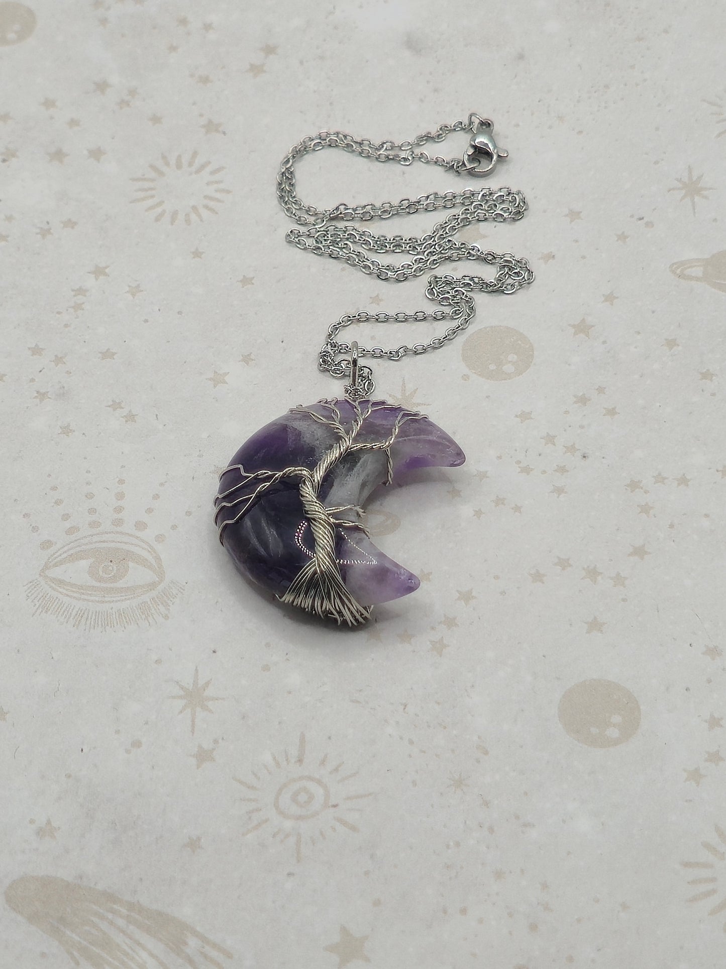 Natural Amethyst Wire Wrapped Pendant Necklace, with Brass Tree of Life, on Crescent Moon