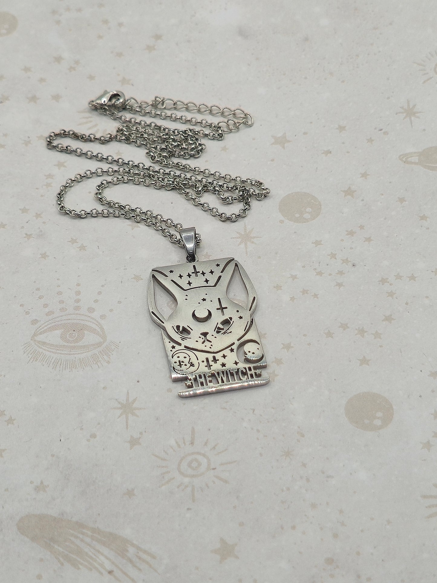Stainless Steel Witch Moon Cat Pendant Necklace