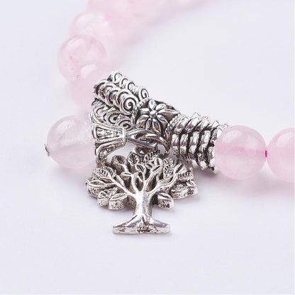 Natural Rose Quartz Stretch Bracelet, with Tibetan Style Tree of Life Pendant