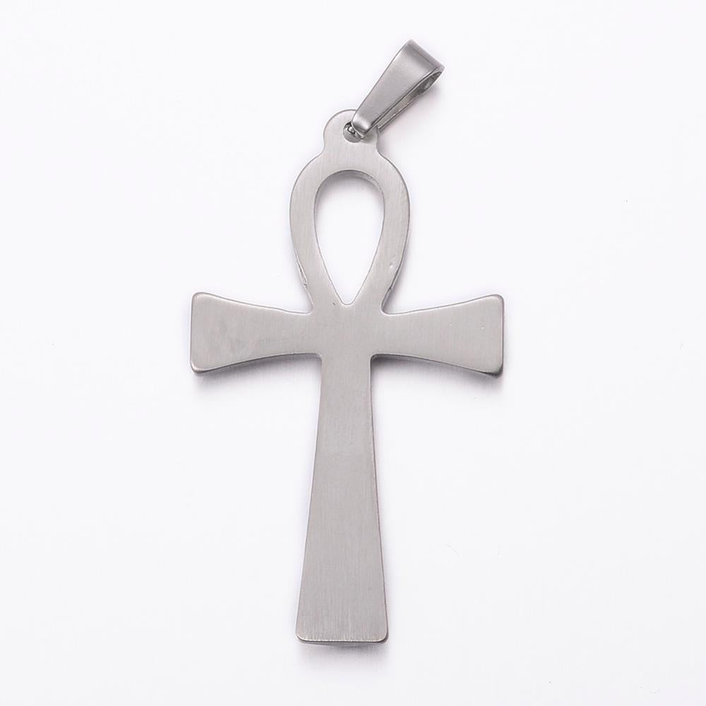 304 Stainless Steel Pendant Necklace, Ankh Cross, Stainless Steel Color