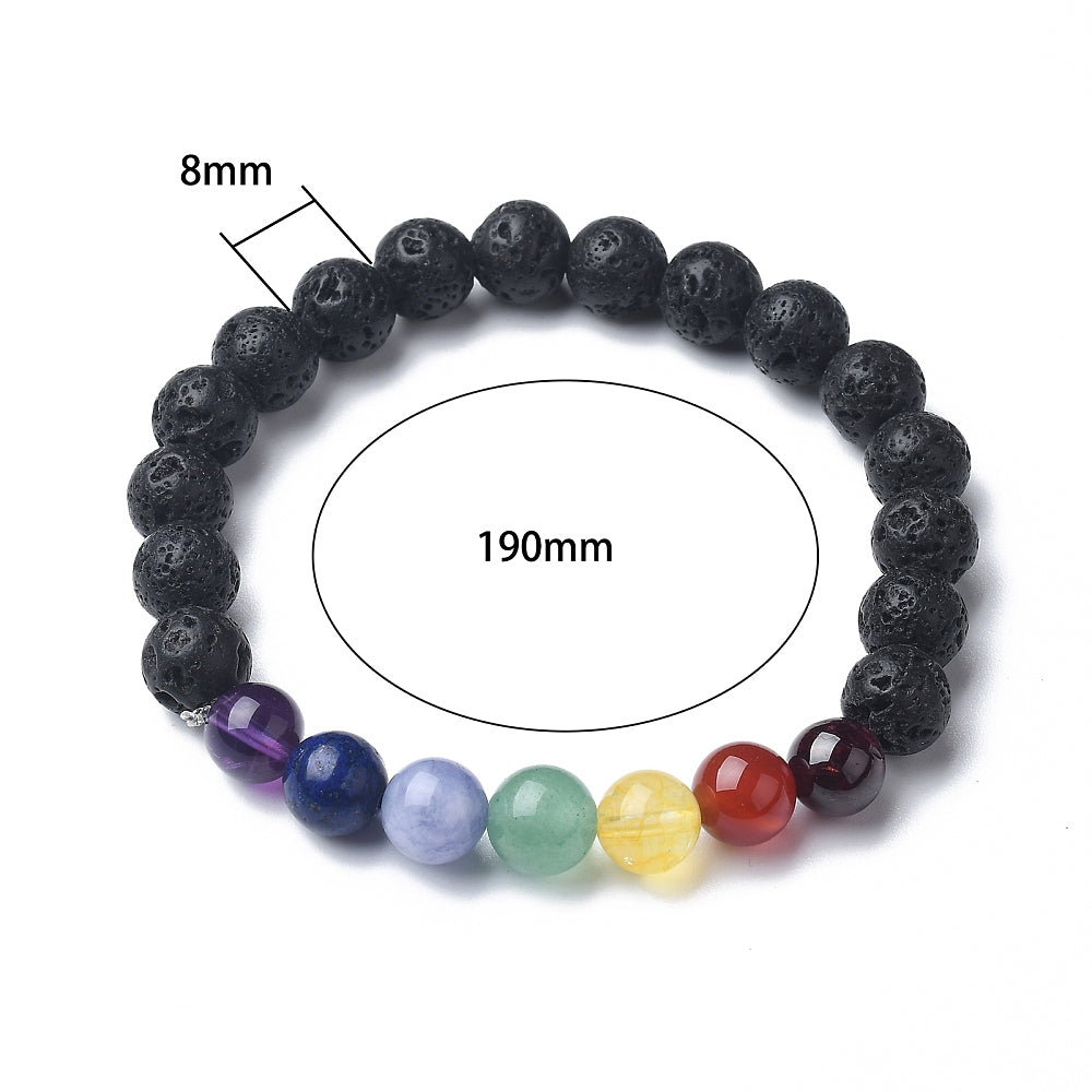 Chakra Natural Lava Beaded Stretch Bracelet, with Gemstone Beads
