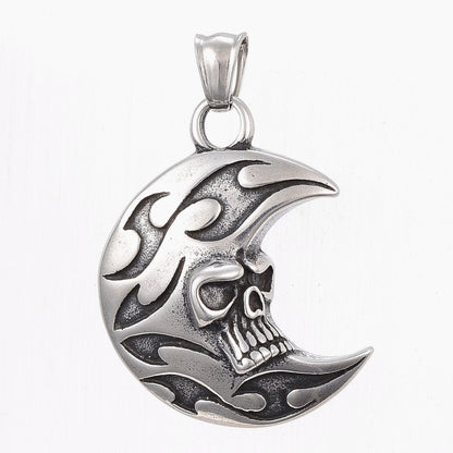 304 Stainless Steel Pendant Necklace, Moon with Skull, Antique Silver Colour