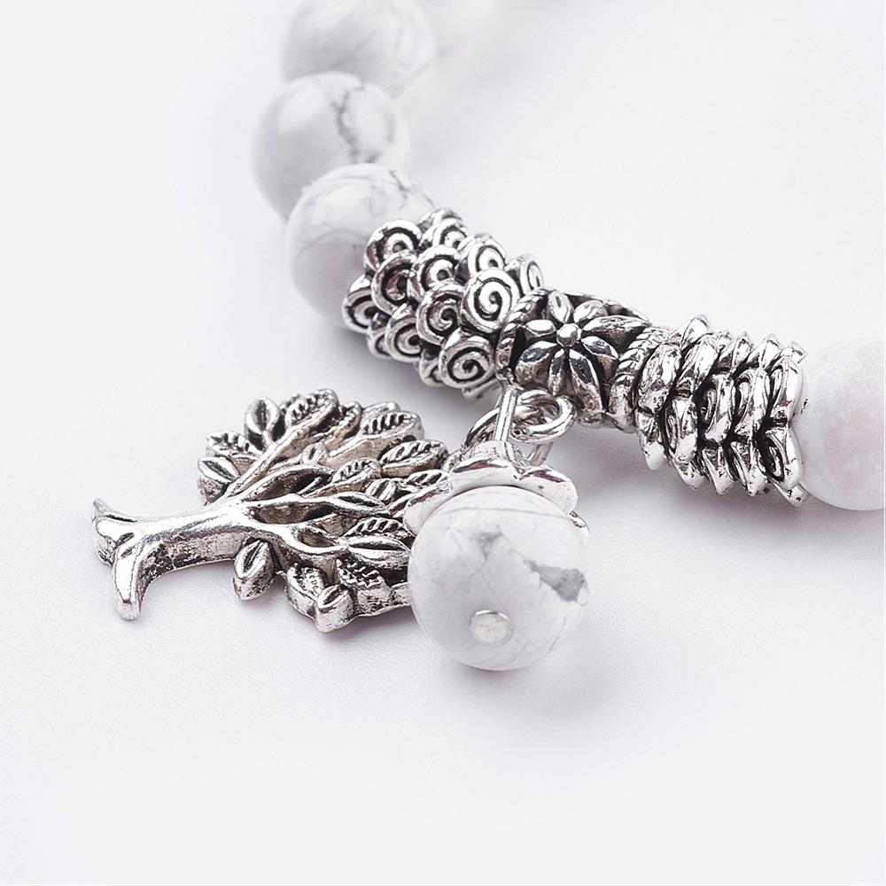 Natural Howlite Stretch Bracelet, with Tibetan Style Tree of Life Pendant