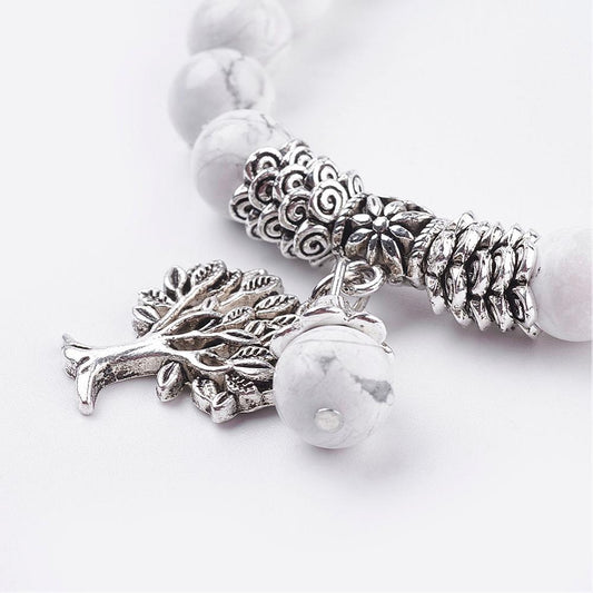 Natural Howlite Stretch Bracelet, with Tibetan Style Tree of Life Pendant