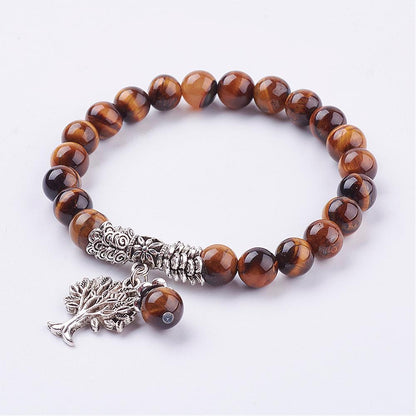 Natural Tiger Eye Stretch Bracelet, with Tibetan Style Tree of Life Pendant