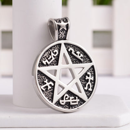 316 Stainless Steel Pentacle Pendant Necklace, Flat Round, Antique Silver