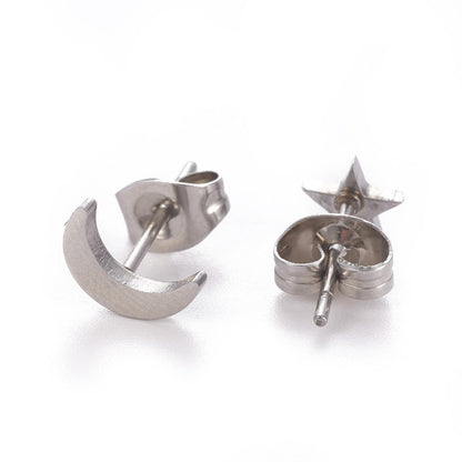 304 Stainless Steel Stud Earrings, Hypoallergenic Earrings, with Ear Nuts/Earring Back, Moon or Star, Stainless Steel Color