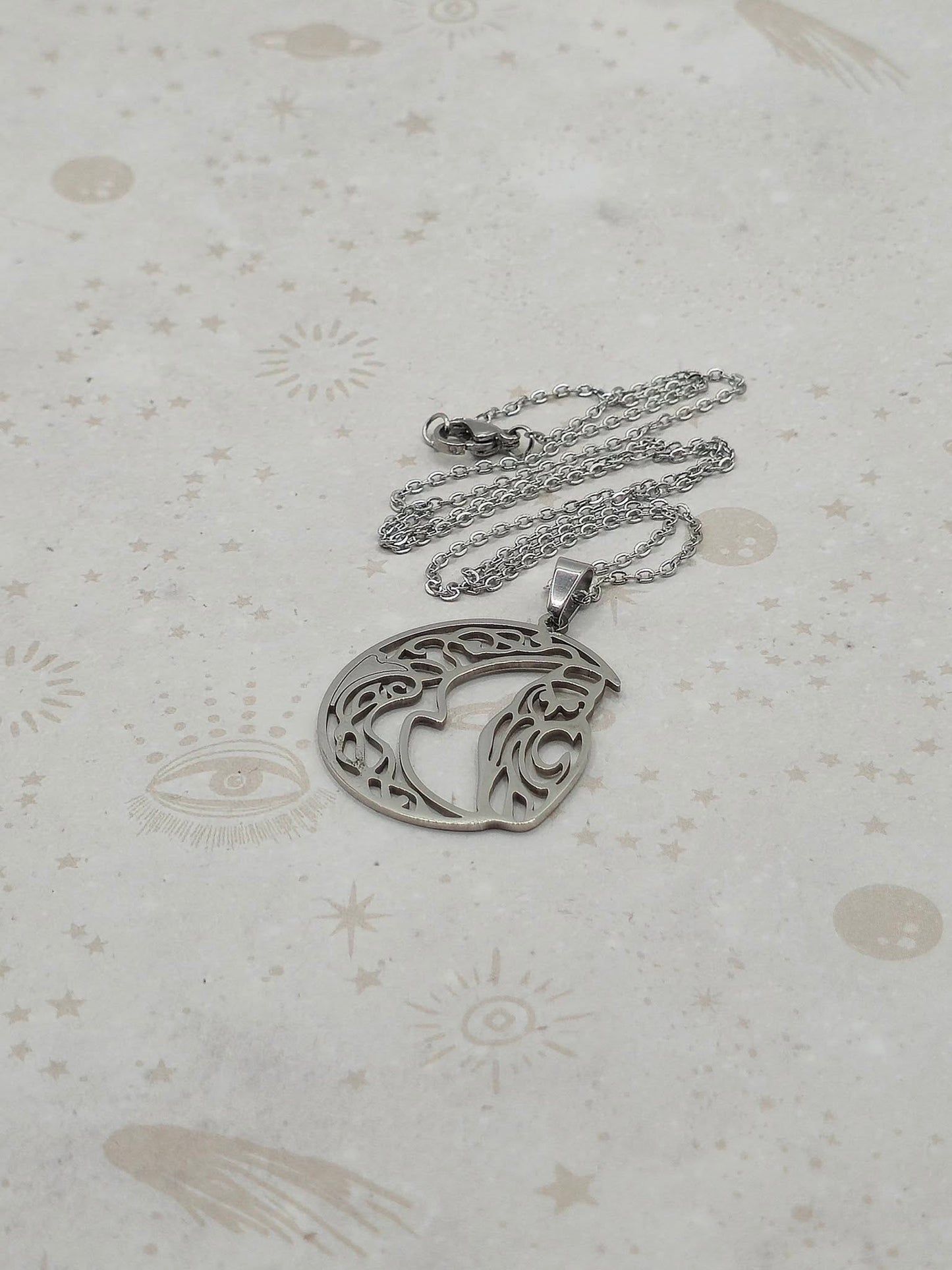 201 Stainless Steel Pendant Necklace, Laser Cut, Hollow, Moon with Owl, Stainless Steel Color