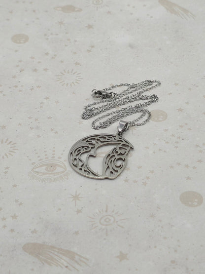 201 Stainless Steel Pendant Necklace, Laser Cut, Hollow, Moon with Owl, Stainless Steel Color