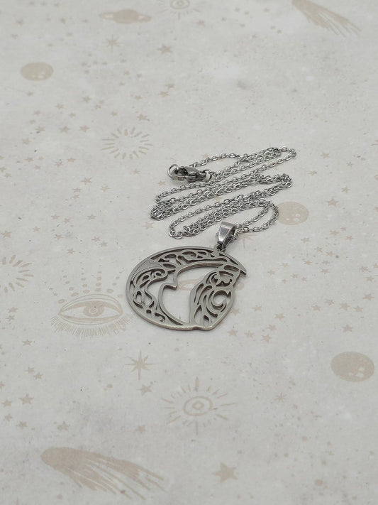 201 Stainless Steel Pendant Necklace, Laser Cut, Hollow, Moon with Owl, Stainless Steel Color