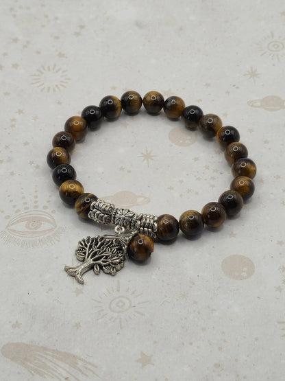 Natural Tiger Eye Stretch Bracelet, with Tibetan Style Tree of Life Pendant