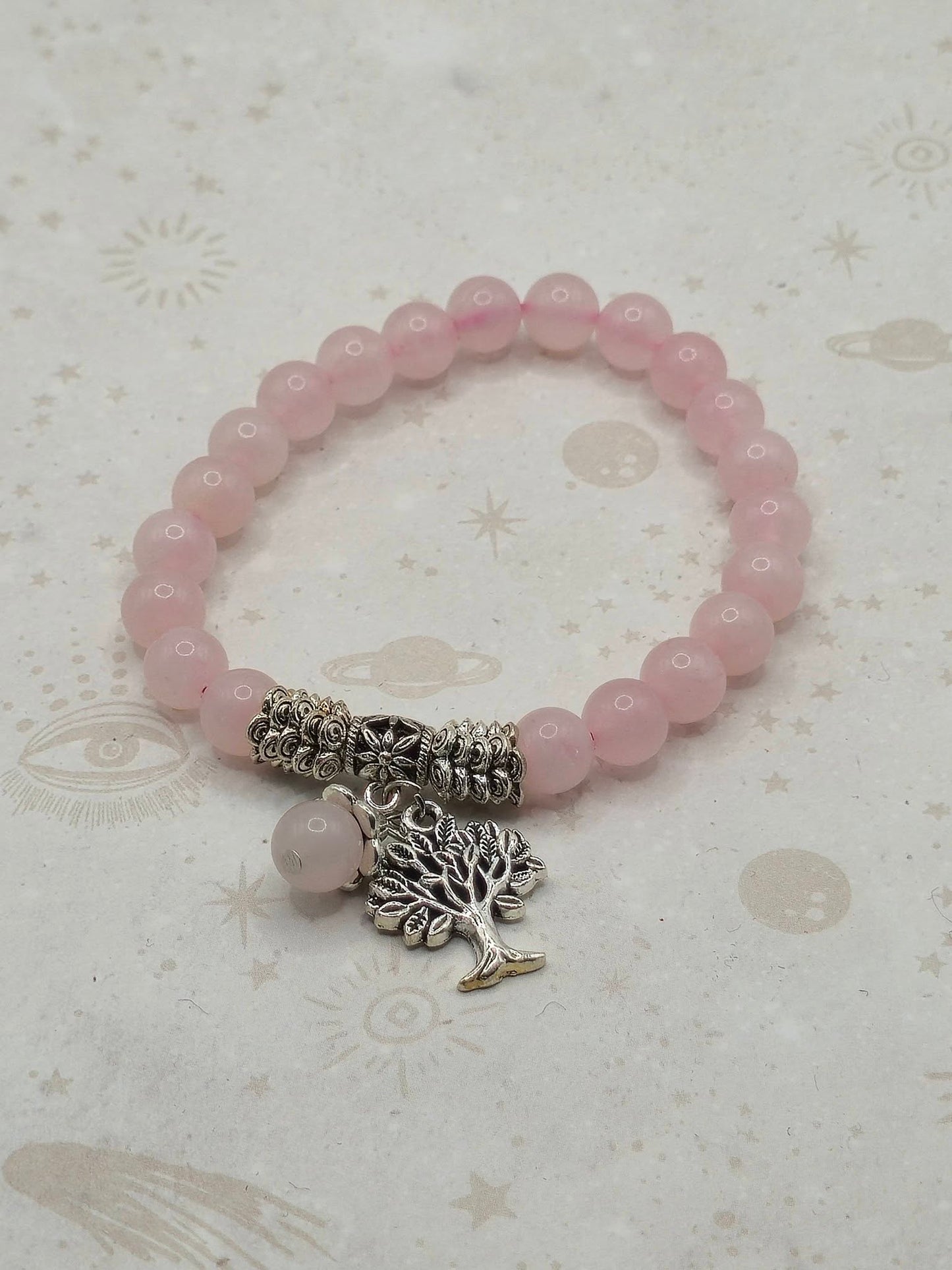 Natural Rose Quartz Stretch Bracelet, with Tibetan Style Tree of Life Pendant