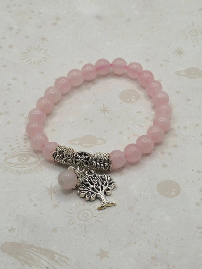 Natural Rose Quartz Stretch Bracelet, with Tibetan Style Tree of Life Pendant