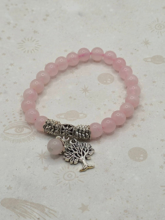 Natural Rose Quartz Stretch Bracelet, with Tibetan Style Tree of Life Pendant