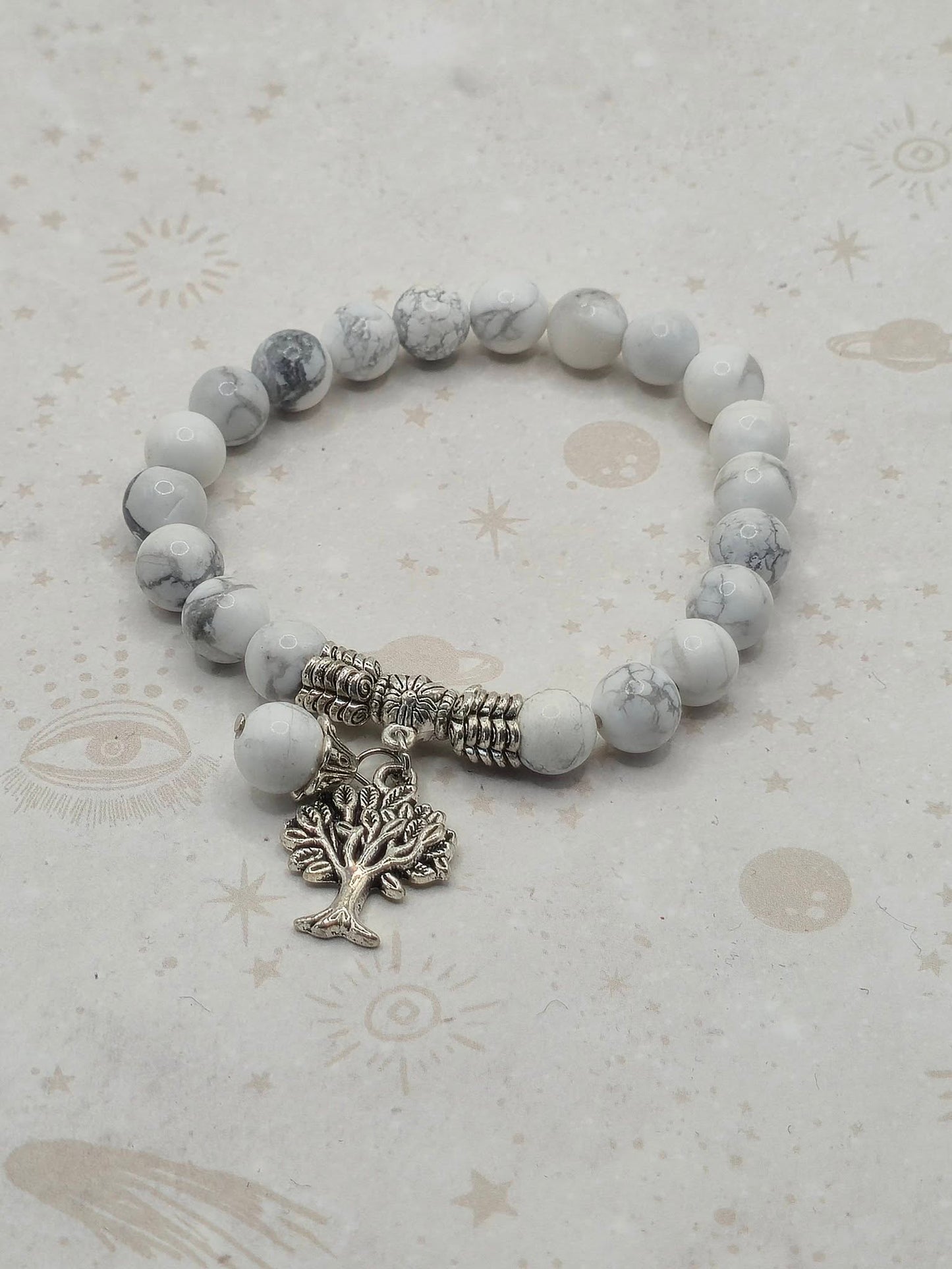 Natural Howlite Stretch Bracelet, with Tibetan Style Tree of Life Pendant