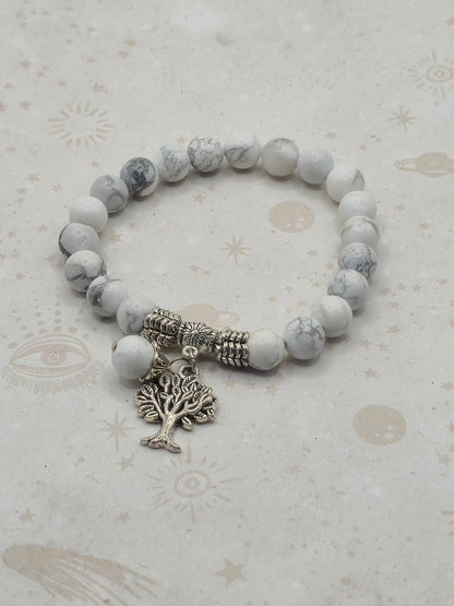 Natural Howlite Stretch Bracelet, with Tibetan Style Tree of Life Pendant