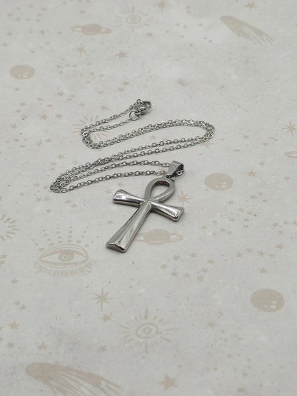 304 Stainless Steel Pendant Necklace, Ankh Cross, Stainless Steel Color