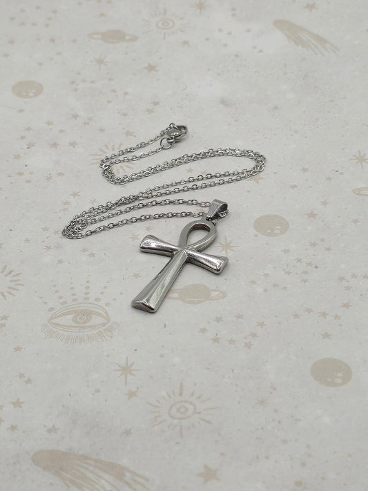 304 Stainless Steel Pendant Necklace, Ankh Cross, Stainless Steel Color