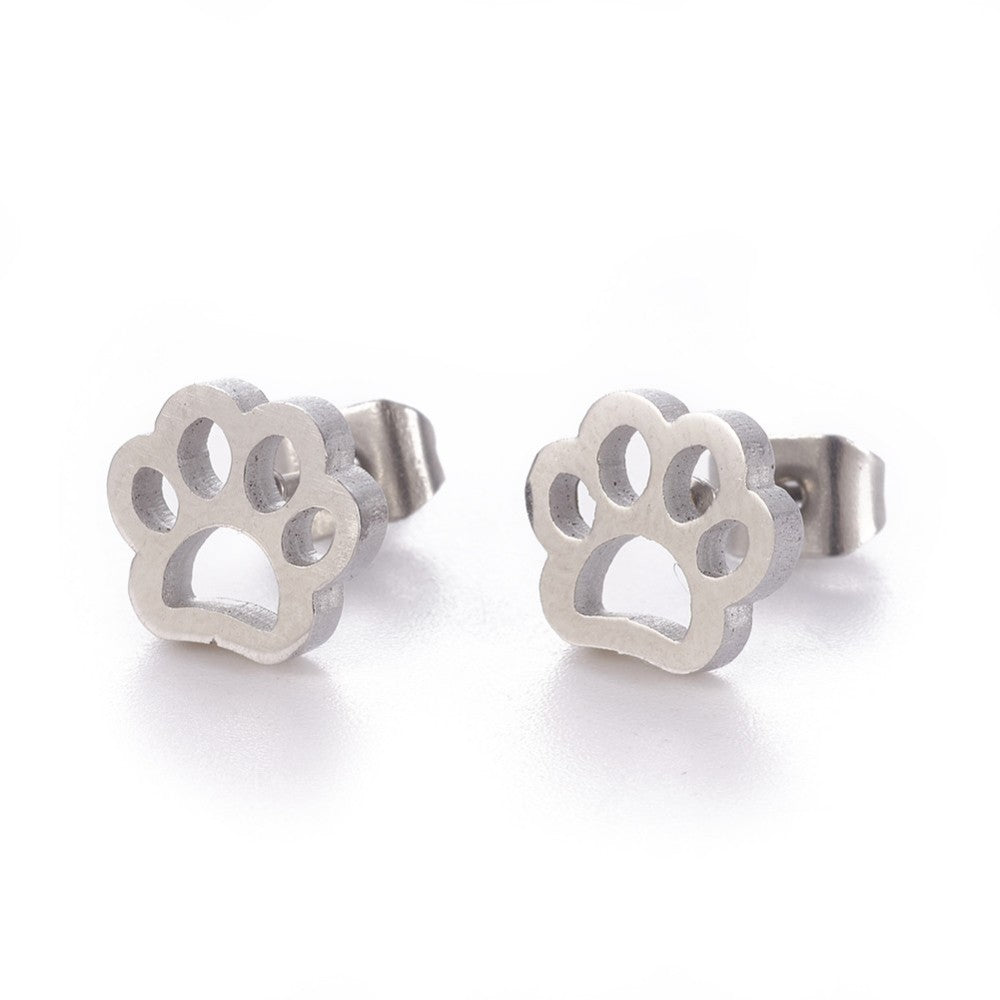 304 Stainless Steel Stud Earrings, Hypoallergenic Earrings, with Ear Nuts/Earring Back, Paw Print, Stainless Steel Color