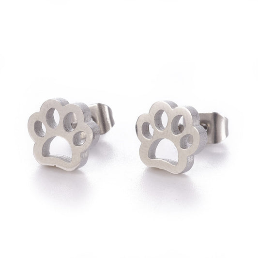 304 Stainless Steel Stud Earrings, Hypoallergenic Earrings, with Ear Nuts/Earring Back, Paw Print, Stainless Steel Color