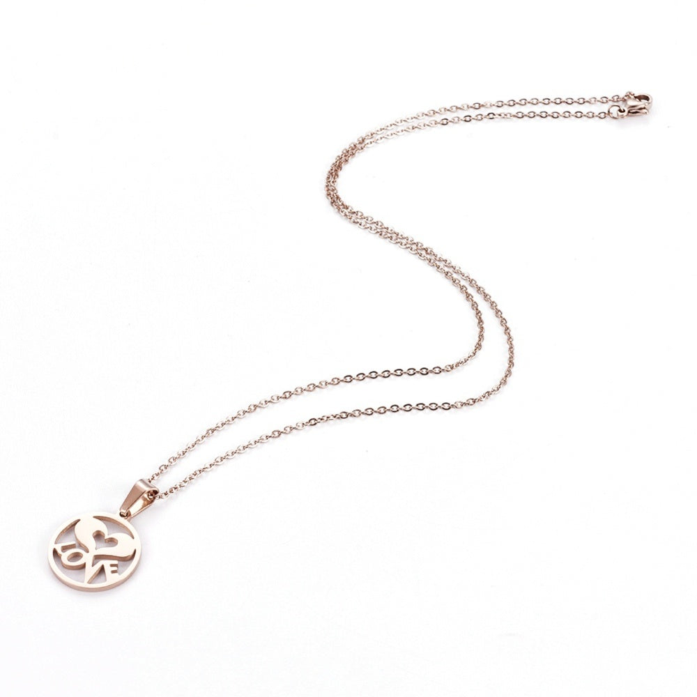 304 Stainless Steel Pendant Necklace, with Cable Chain, Flat Round with Heart and Word Love, Rose Gold