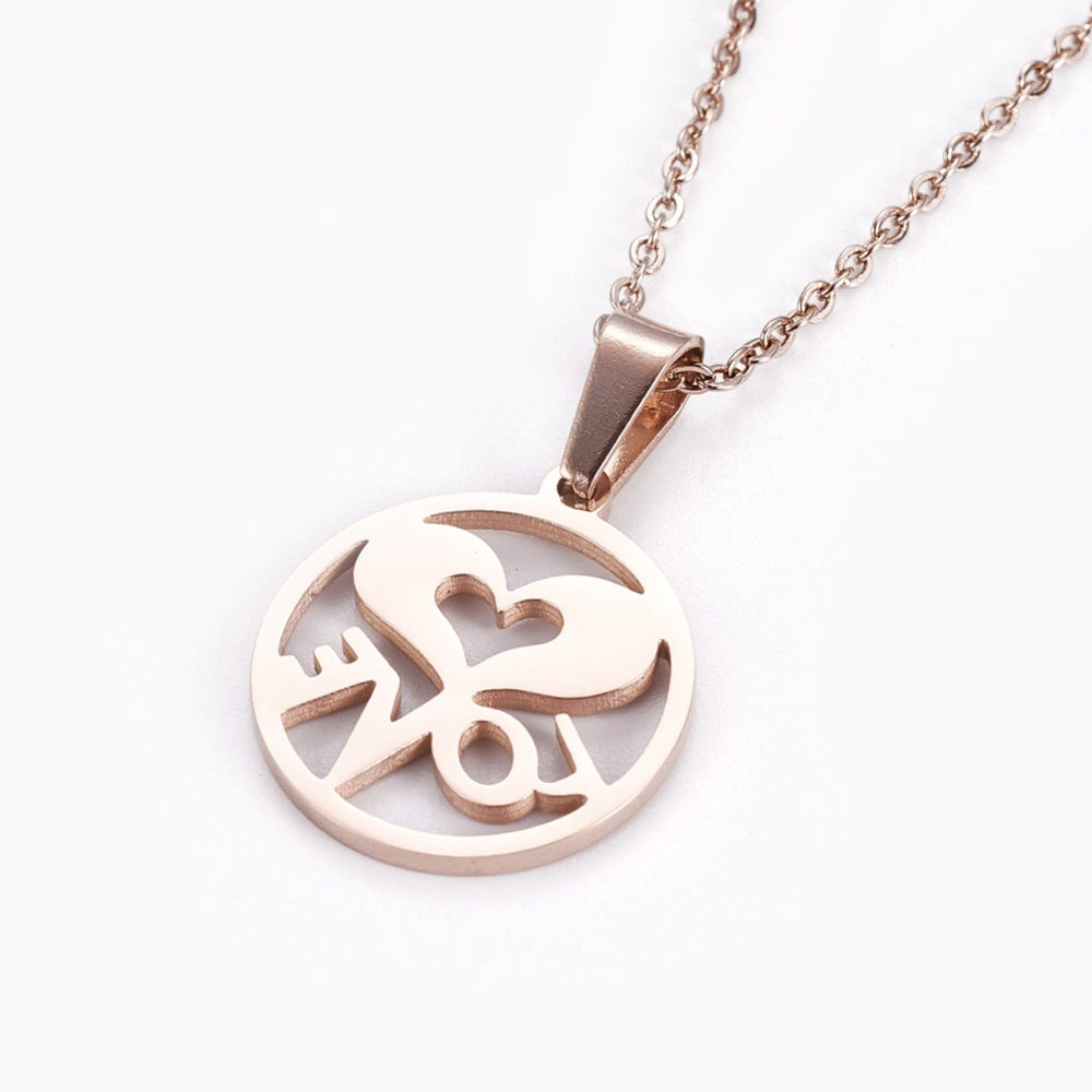 304 Stainless Steel Pendant Necklace, with Cable Chain, Flat Round with Heart and Word Love, Rose Gold