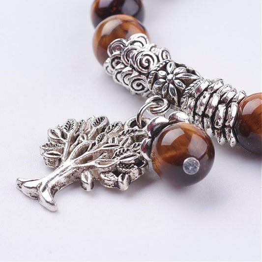 Natural Tiger Eye Stretch Bracelet, with Tibetan Style Tree of Life Pendant