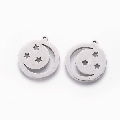 304 Stainless Steel Pendant Necklace, Flat Round with Moon and Stars, Stainless Steel Color, 18x16x1.5mm, Hole: 1.2mm
