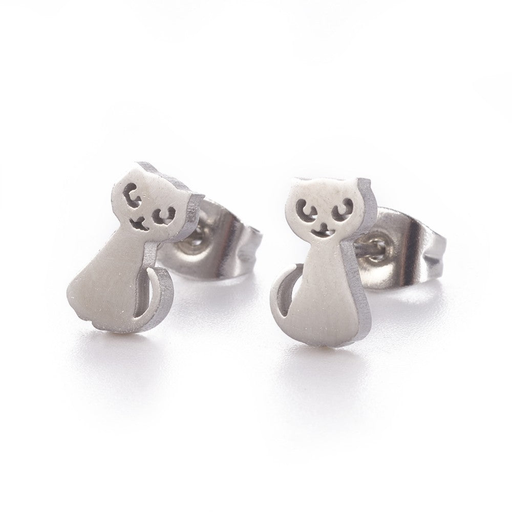 304 Stainless Steel Kitten Stud Earrings, Hypoallergenic Earrings, with Ear Nuts/Earring Back, Cat Silhouette, Stainless Steel Color