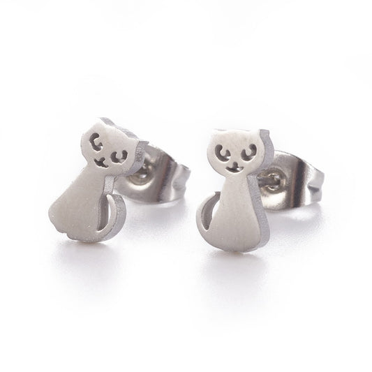 304 Stainless Steel Kitten Stud Earrings, Hypoallergenic Earrings, with Ear Nuts/Earring Back, Cat Silhouette, Stainless Steel Color