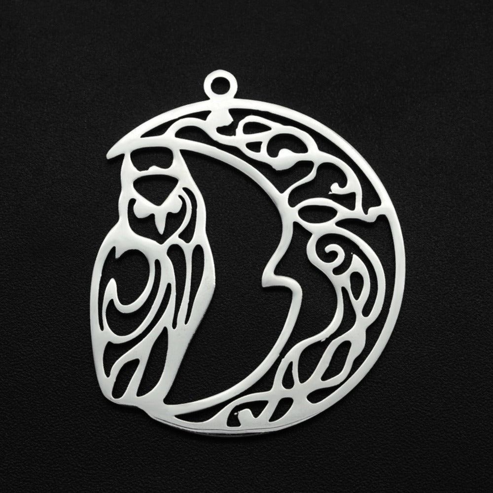 201 Stainless Steel Pendant Necklace, Laser Cut, Hollow, Moon with Owl, Stainless Steel Color
