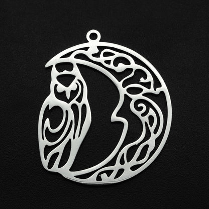 201 Stainless Steel Pendant Necklace, Laser Cut, Hollow, Moon with Owl, Stainless Steel Color