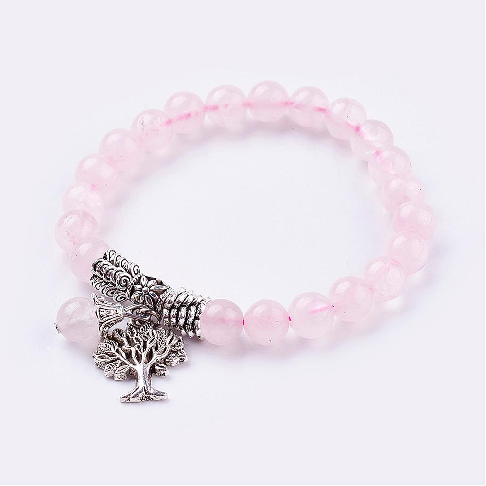 Natural Rose Quartz Stretch Bracelet, with Tibetan Style Tree of Life Pendant