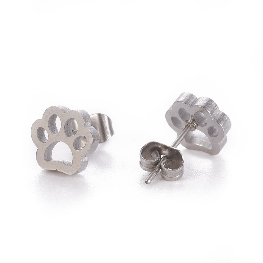 304 Stainless Steel Stud Earrings, Hypoallergenic Earrings, with Ear Nuts/Earring Back, Paw Print, Stainless Steel Color