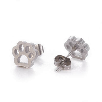 304 Stainless Steel Stud Earrings, Hypoallergenic Earrings, with Ear Nuts/Earring Back, Paw Print, Stainless Steel Color