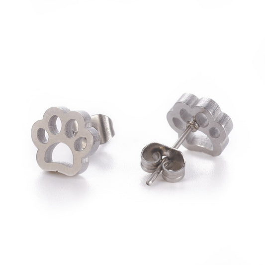 304 Stainless Steel Stud Earrings, Hypoallergenic Earrings, with Ear Nuts/Earring Back, Paw Print, Stainless Steel Color