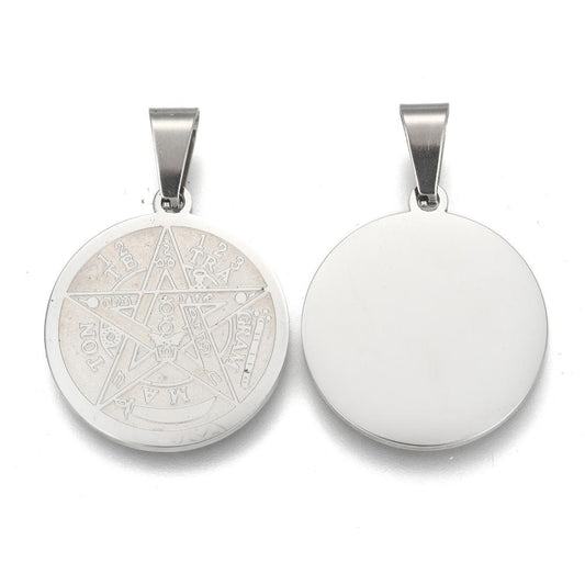 304 Stainless Steel Flat Round, Tetragrammaton Pentagram Wiccan Pendant Necklace, Stainless Steel Color