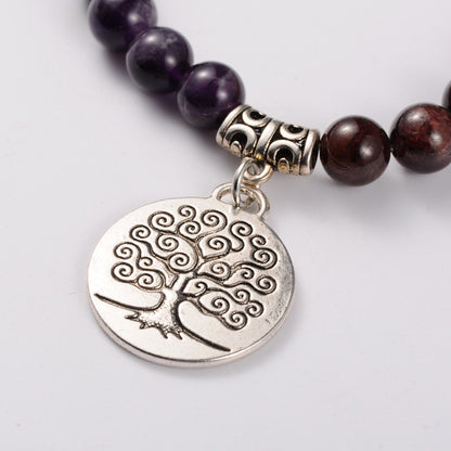 Natural Gemstone Stretch Charm Bracelet, with Tibetan Style Tree of Life Pendant