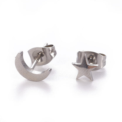 304 Stainless Steel Stud Earrings, Hypoallergenic Earrings, with Ear Nuts/Earring Back, Moon or Star, Stainless Steel Color