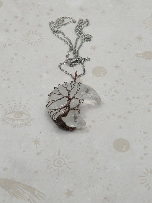 Natural Quartz Crystal Wire Wrapped Pendant Necklace, with Brass Tree of Life, on Crescent Moon, Red Copper