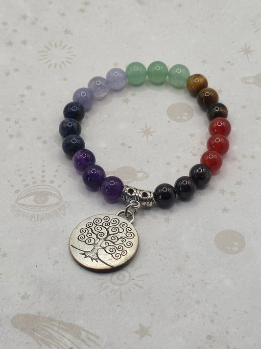 Natural Gemstone Stretch Charm Bracelet, with Tibetan Style Tree of Life Pendant