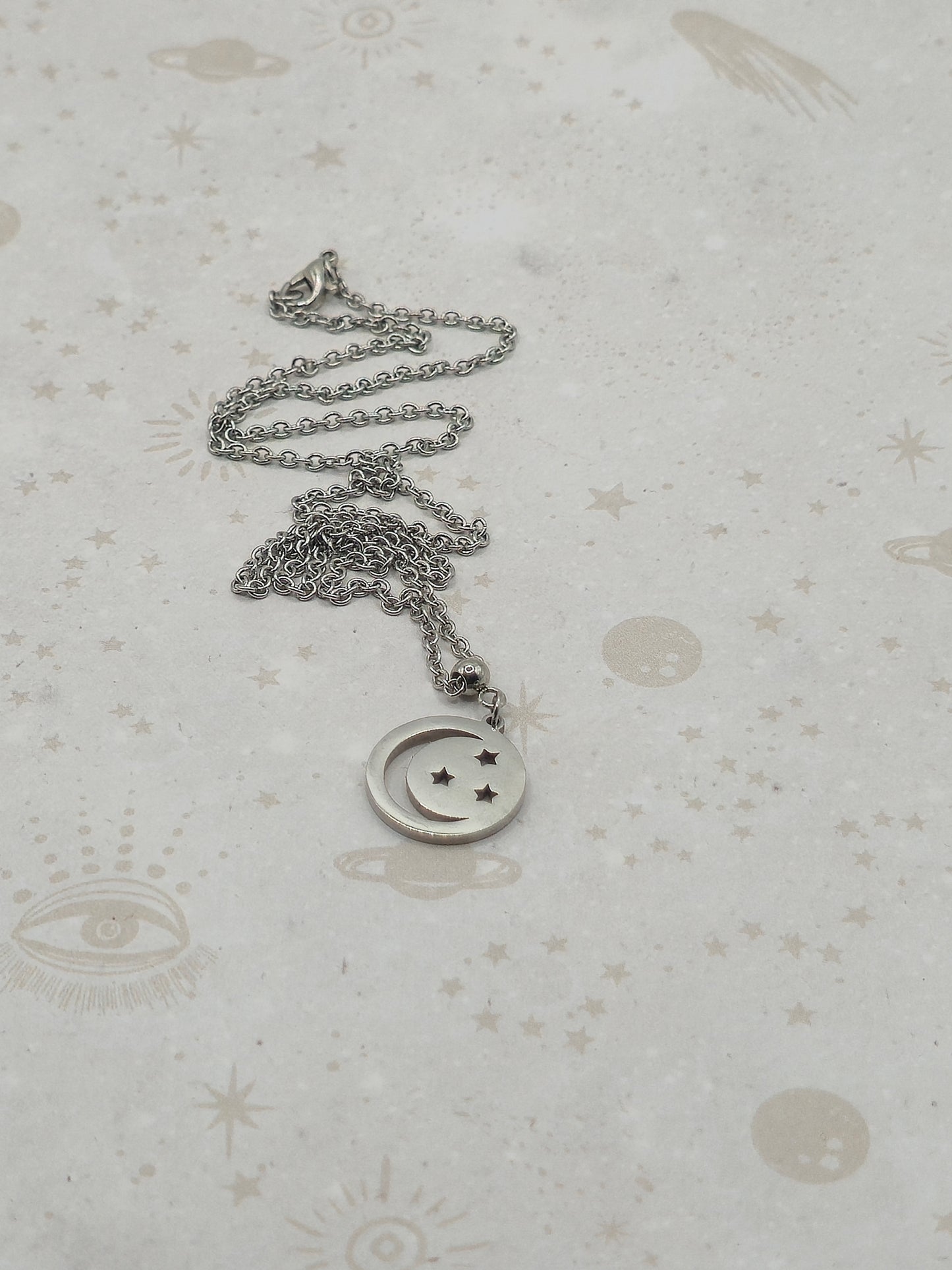 304 Stainless Steel Pendant Necklace, Flat Round with Moon and Stars, Stainless Steel Color, 18x16x1.5mm, Hole: 1.2mm